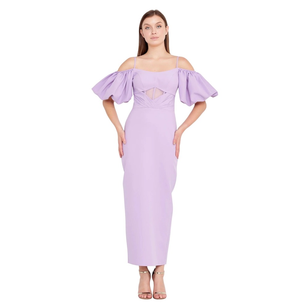 Lavender Crepe Off Shoulder Puff Sleeve Column Midi Dress Cocktail